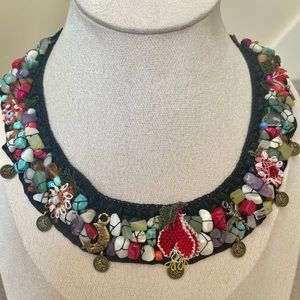 Black Ribbon Textile Choker Necklace with Gemstones, Crochet Flowers, Coin Charm